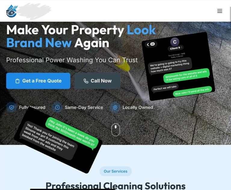 Professional power washing service website showing before and after phone mockups demonstrating property cleaning results