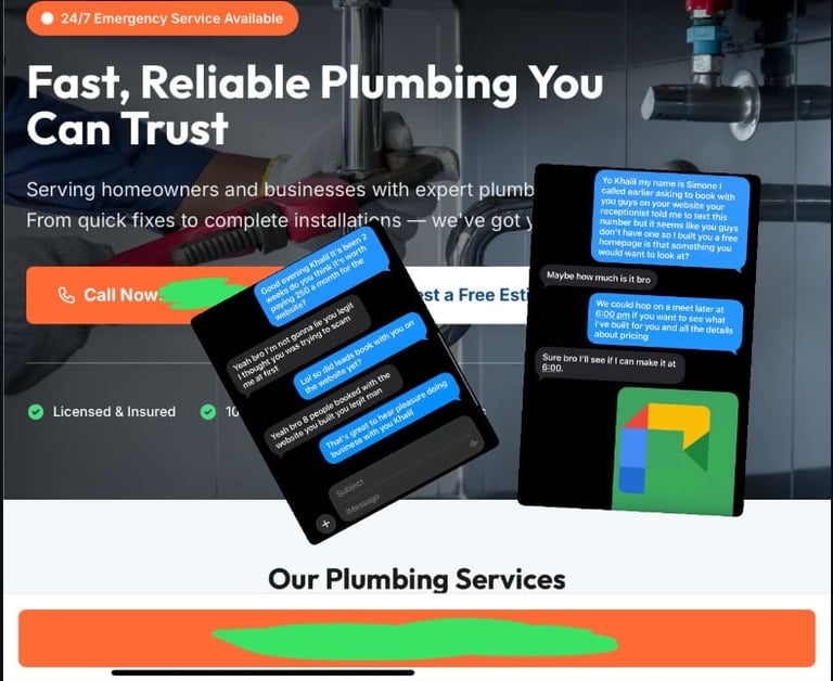 Plumbing service website showcasing fast reliable repairs with call now button and customer testimonials
