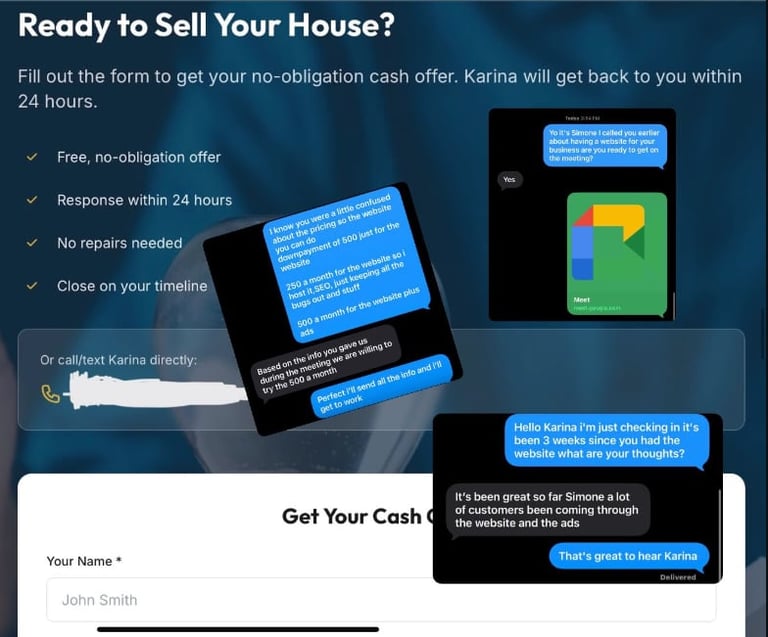 Website form for home selling offer with benefits listed, contact information, and mobile phone screenshots showing property images and chat messages