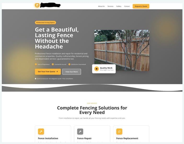 Website header for fence services company with tagline Get a Beautiful, Lasting Fence Without the Headache and photo of wooden fence installation